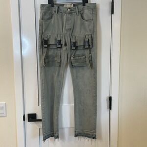 MNML Cargo Jeans Mens 33 x31  Olive Gray Denim Pants Distressed Utility Raw Edge